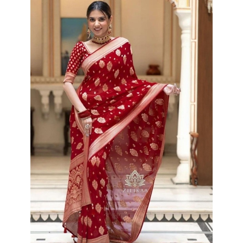 Kesudi Woven Design Zari Banarasi Saree With Blouse Piece