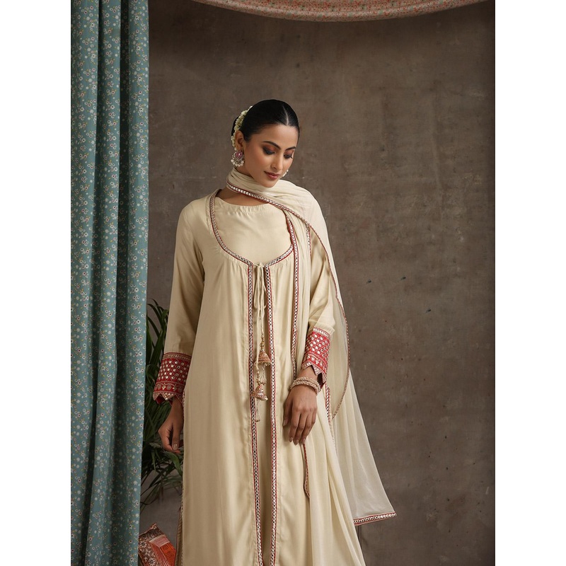 Khushal K Geometric Embroidered Mirror Work A-Line  Kurta With Sharara & Dupatta