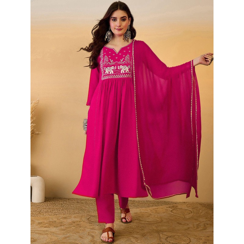 Kvsfab Floral Yoke Design Notch Neck Zari A-Line Kurta With Trousers And Dupatta