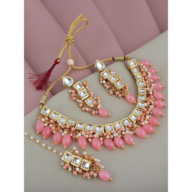 LUCKY JEWELLERY Gold-Plated Peach Kundan Studded Jewellery Set