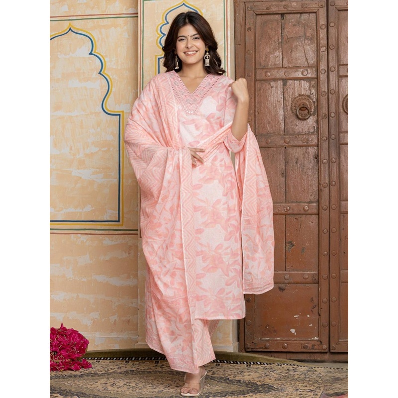 NAVYAAZRI Women Floral Printed Cotton Kurta with Trousers & Dupatta