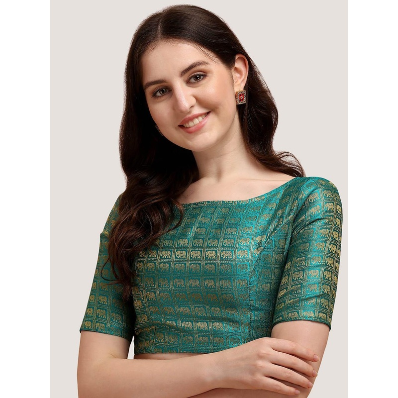 Oomph! Woven Design Boat Neck Short Sleeve Art Silk Saree Blouse