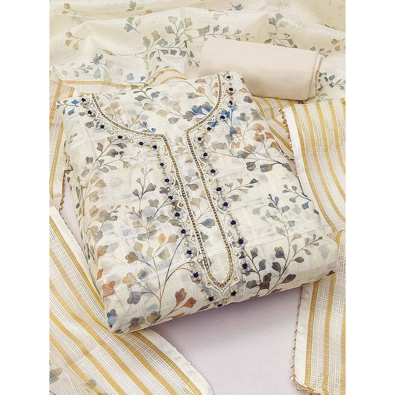 Peachmode Floral Printed Beads & Stones Linen Unstitched Dress Material