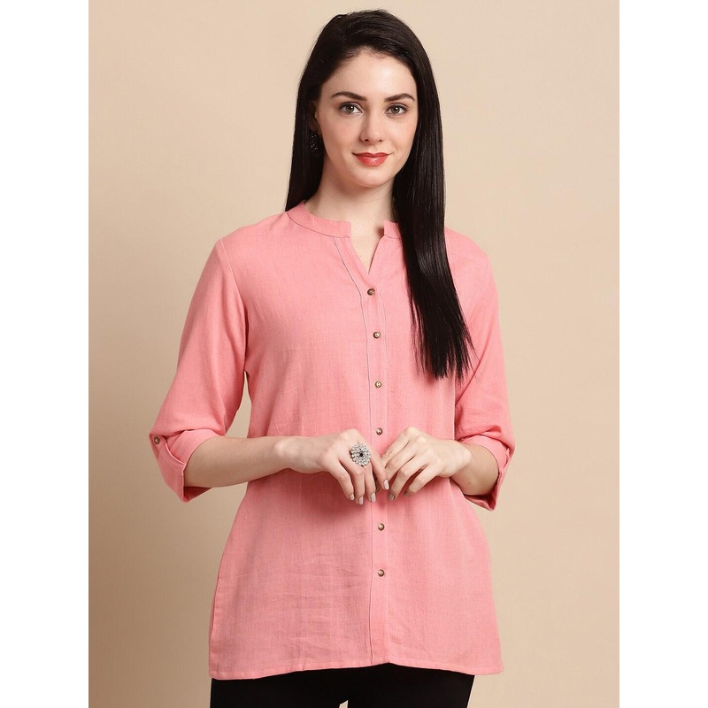 Pistaa Mandarin Collar Roll Up Sleeves Pure Cotton Kurti