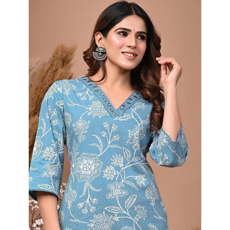 Rimeline Floral Printed Three-Quarter Sleeves Mirror Work Pure Cotton Straight Kurta