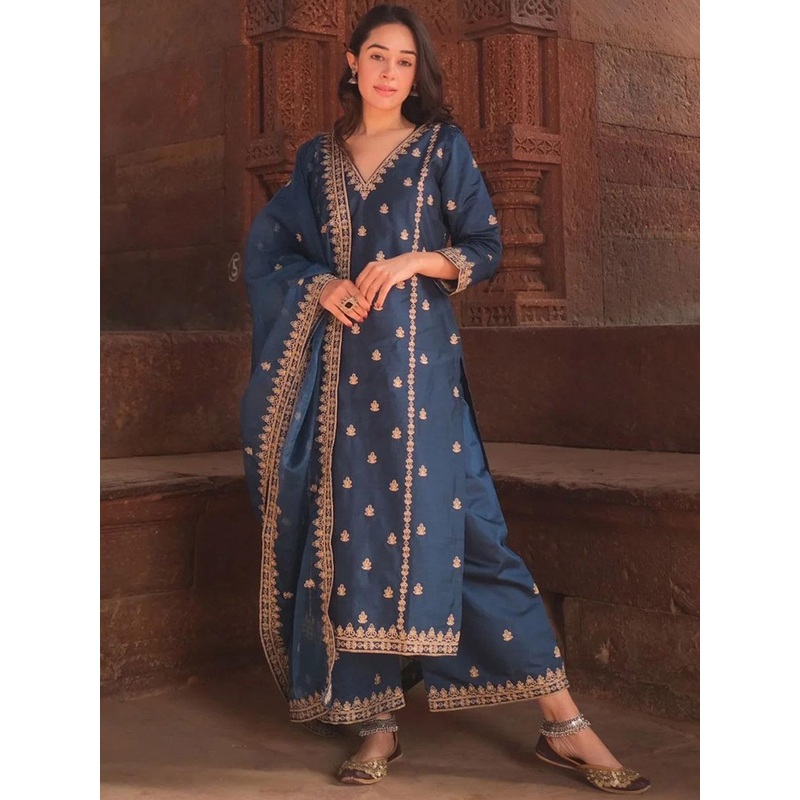 Royal Export Floral Embroidered Sequinned Straight Kurta with Palazzos & Dupatta