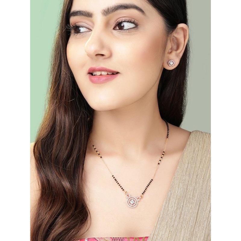 Rubans 18K Rose Gold-Plated Cubic Zirconia Studded Mangalsutra Set with Black Beads