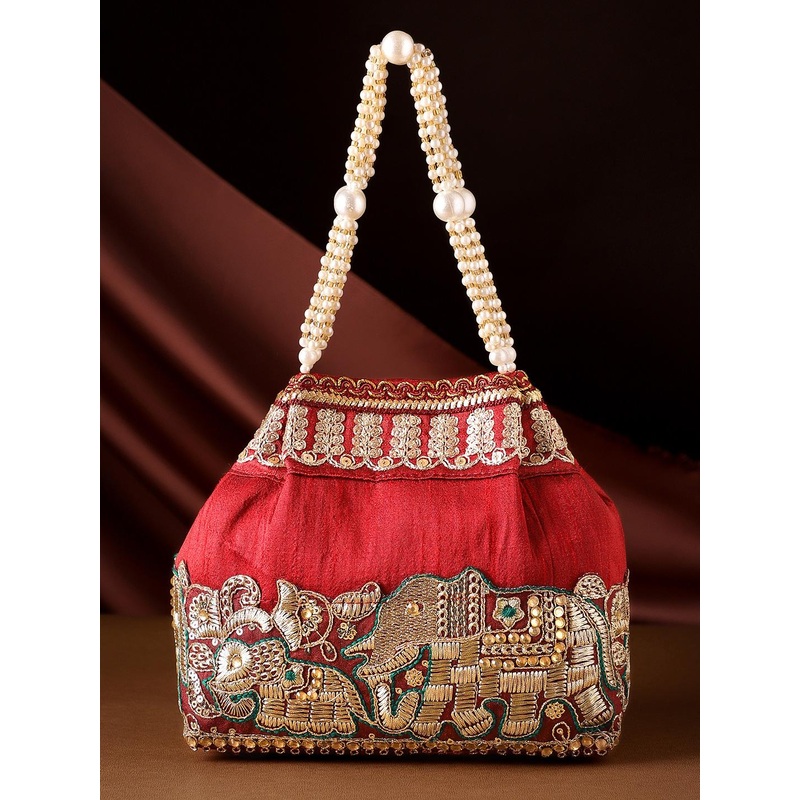 Rubans Maroon Silk Potli Bag with Pearl Handle & Elephant Motif Green & Gold Embroidery