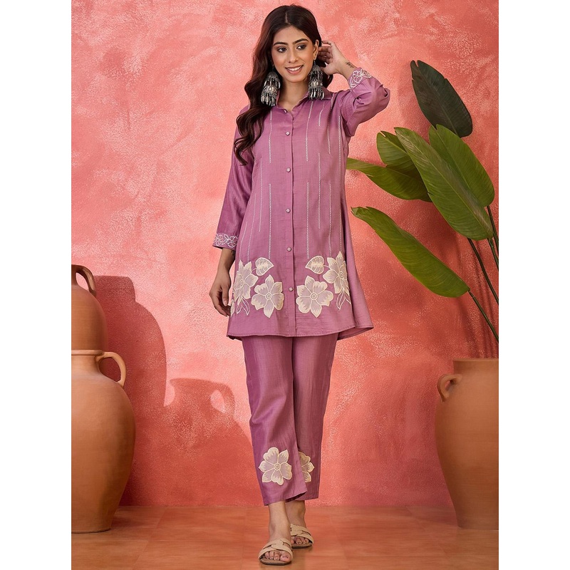 Sangria Embroidered Shirt Collar Tunic With Trouser Co-Ords
