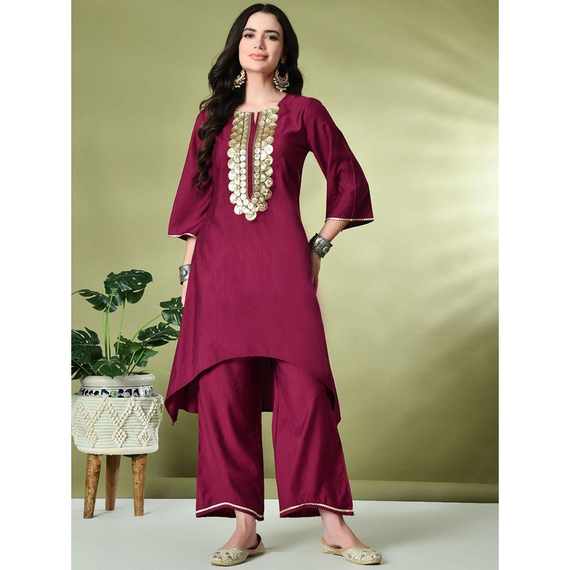 Sangria Ethnic Motifs Yoke Design Sequinned A-Line Kurta With Palazzos
