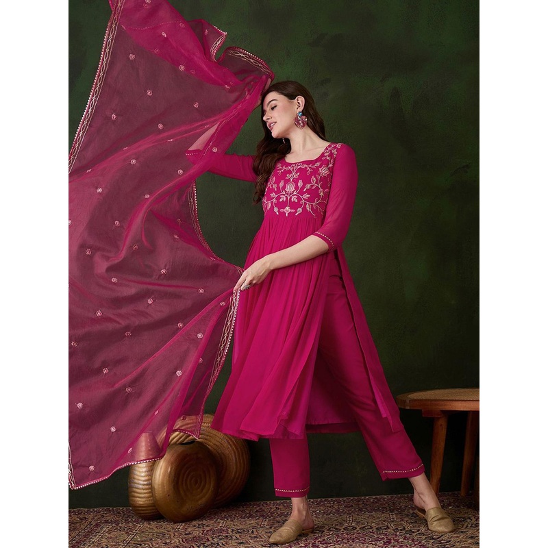Sangria Floral Embroidered Straight Kurta With Trouser & Dupatta
