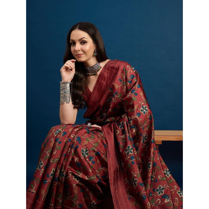 Sangria Floral Printed Kantha Work Saree