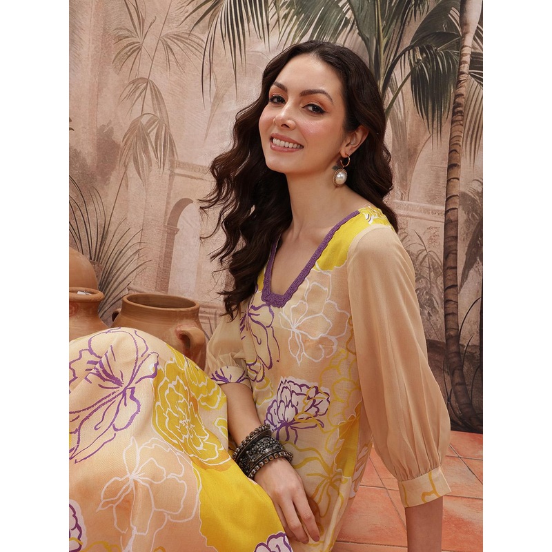 Sangria Floral Printed Lace Insert Detail Cuffed Sleeves Straight Kurta