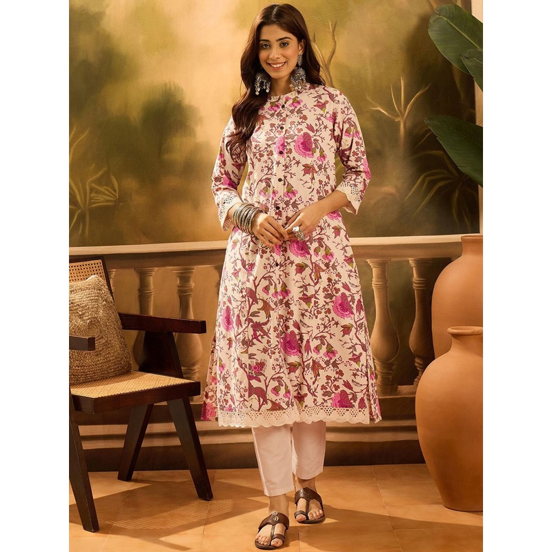 Sangria Floral Printed Pure Cotton Princess Cut A-Line kurta