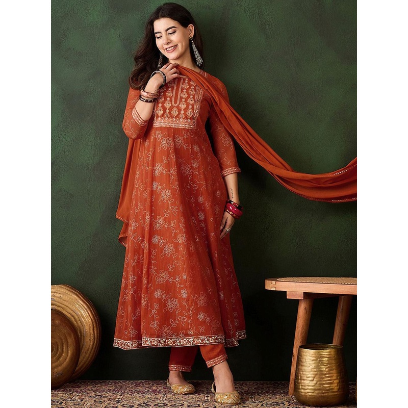 Sangria Floral Printed Zari Anarkali Kurta With Trousers & Dupatta