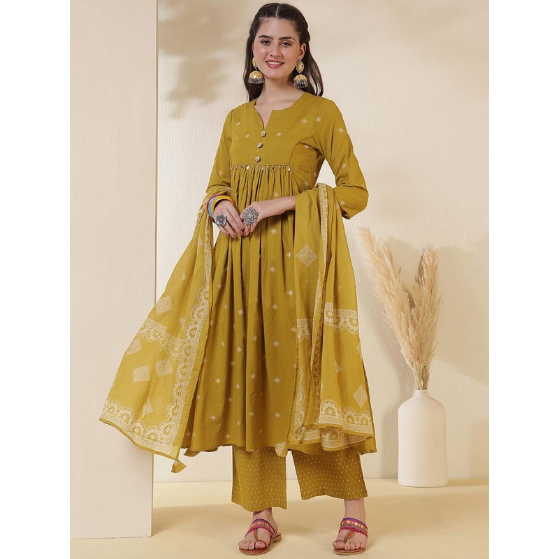 Sangria Geometric Printed Notch Neck Beads & Stones Anarkali Kurta With Palazzo & Dupatta