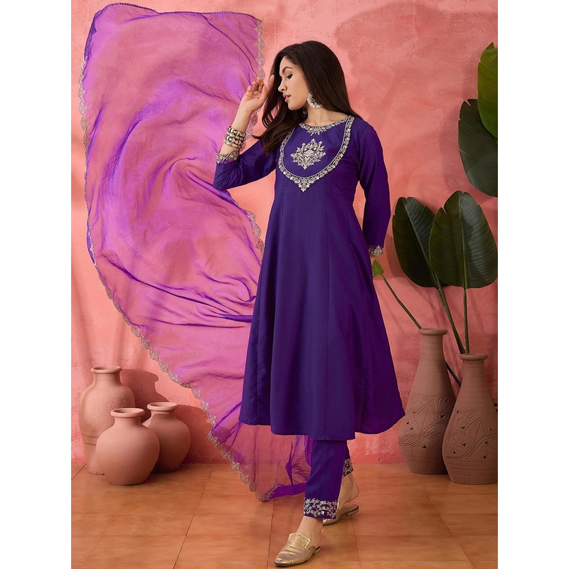Sangria Purple Woven Design Yoke Design Kurta With Trouser And Dupatta et