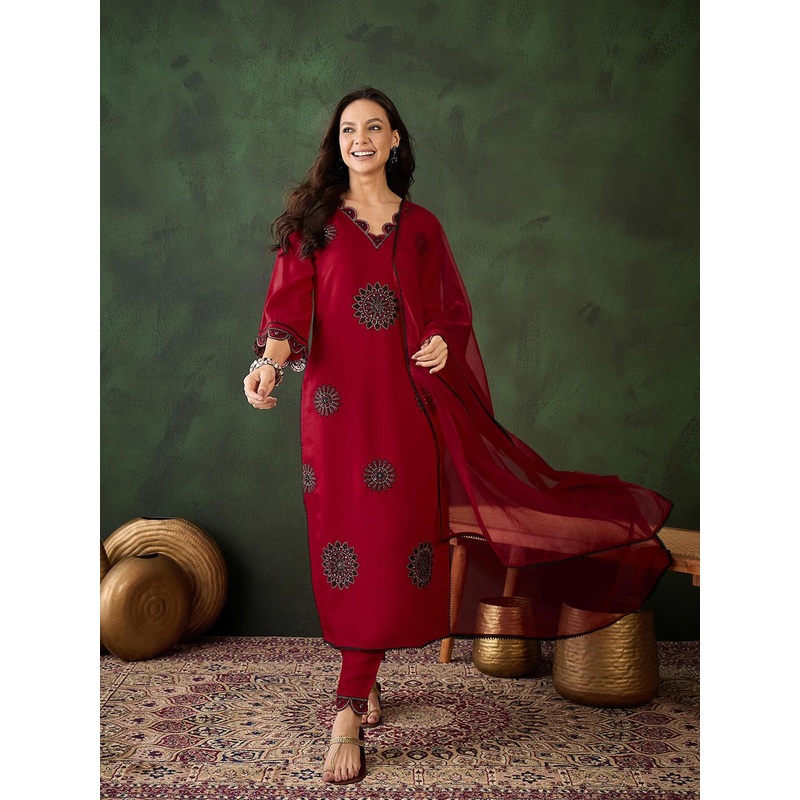 Sangria Red Floral Embroidered V-Neck Mirror Work Kurta With Trouser With Dupatta