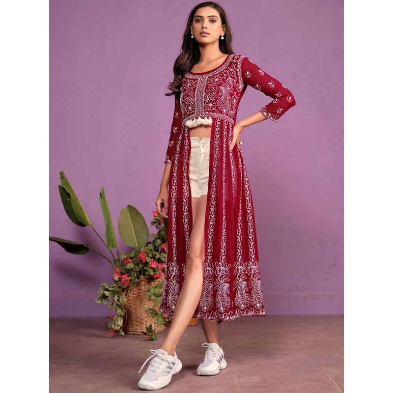 Sangria Women Chikankari Embroidered Round Neck Kurta