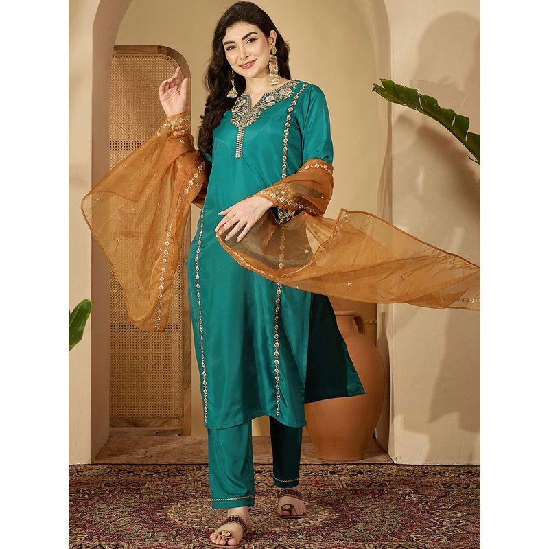 Sangria Women Ethnic Motifs Embroidered Regular Thread Work Kurta with Trousers & With Dupatta