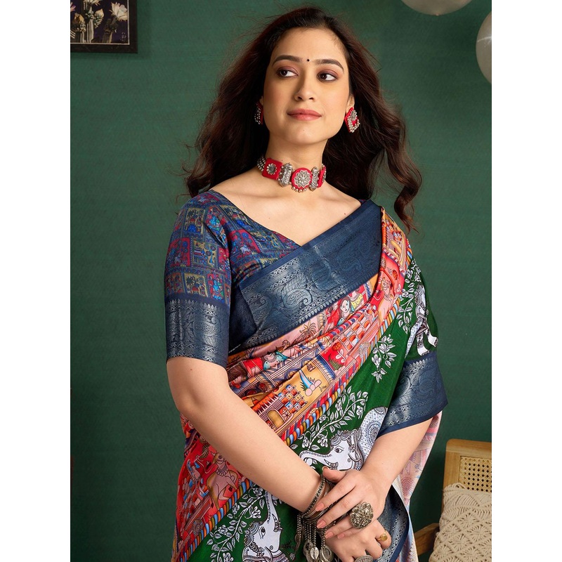 Sangria Woven Design Printed Tussar Saree With Unstiched Blouse Piece