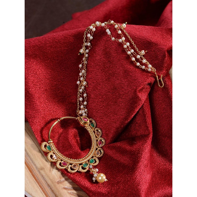 Saraf RS Jewellery Gold-Plated Kundan Stone-Studded Pearl Beaded Nose-ring With Chain