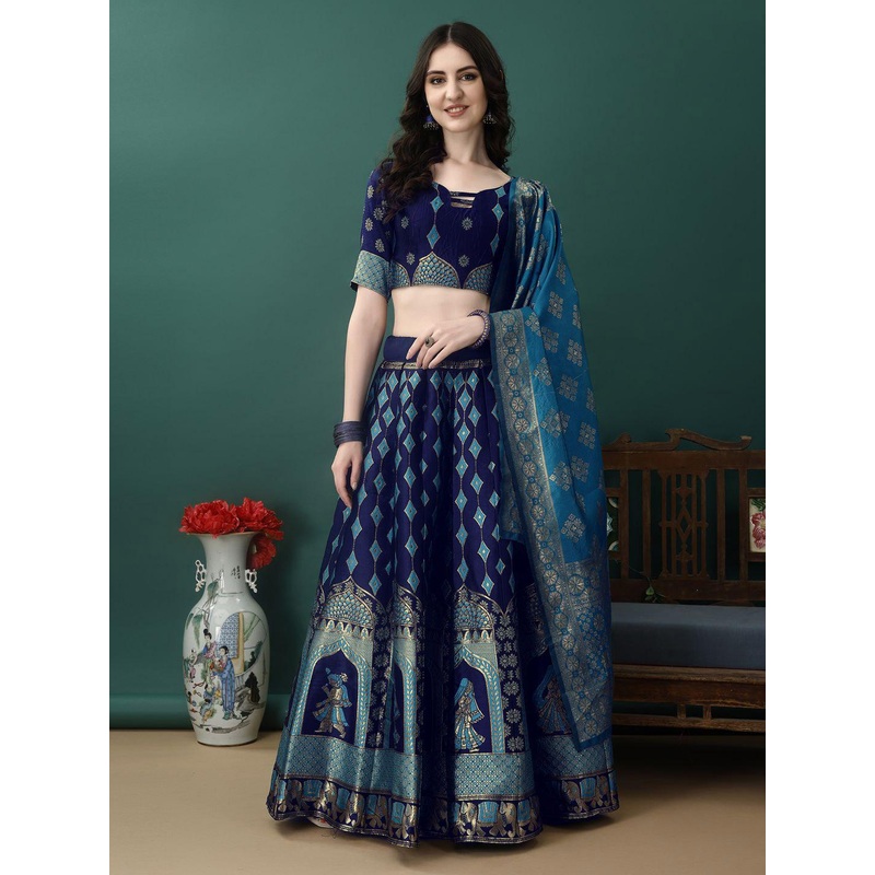 SWAMI STUDIO Woven Design Zari Ready to Wear Lehenga & Unstitched Blouse With Dupatta