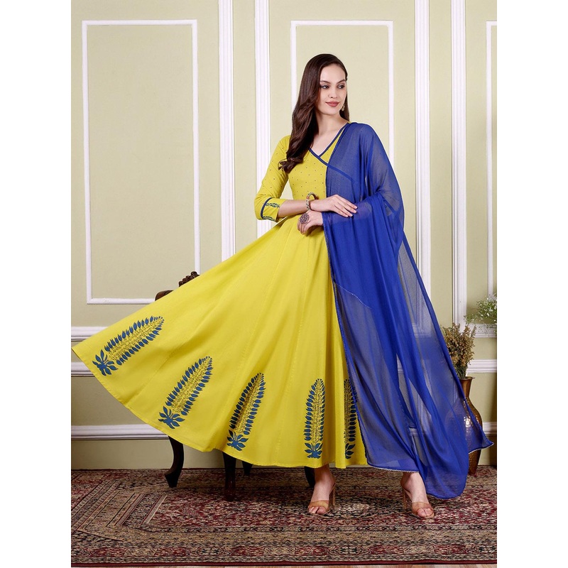 TARANJAL Floral Printed V-Neck Pure Cotton Anarkali Kurta With Dupatta