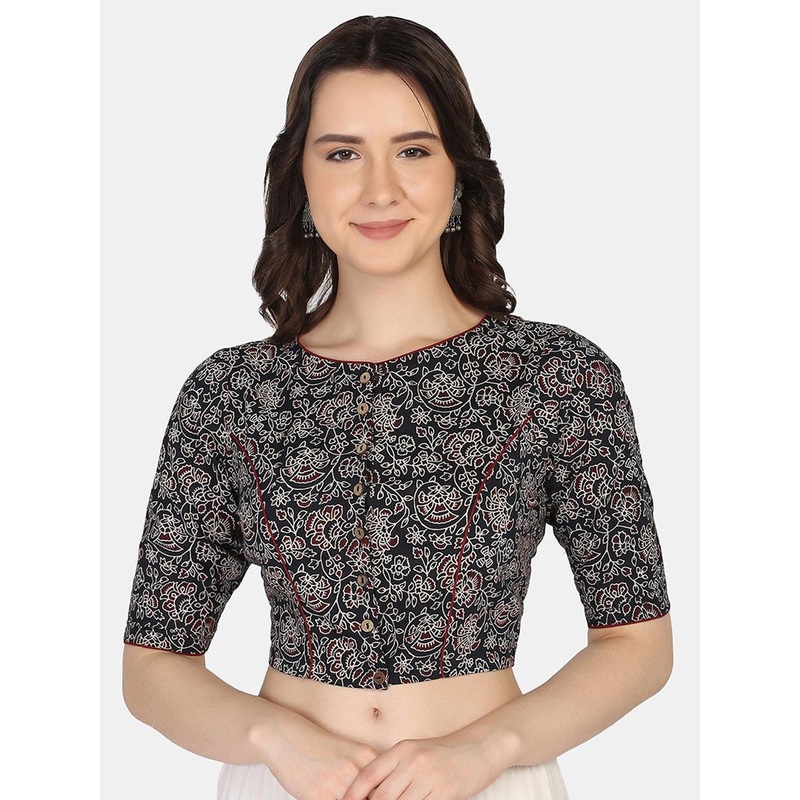 THE WEAVE TRAVELLER  Black Hand Block Printed Cotton Ready To Wear Saree Blouse