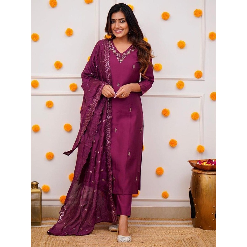 TWINS LADY Floral Embroidered Regular Sequinned Chanderi Silk Kurta With Trouser & Dupatta