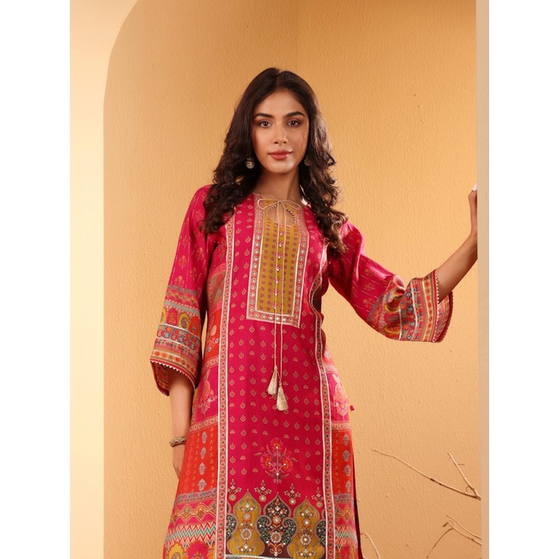 Varanga Ethnic Motifs Printed Sequinned Chanderi Silk Kurta with Trousers And Dupatta