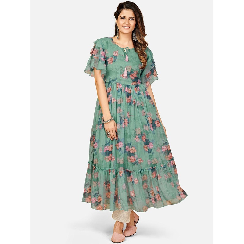 Vbuyz Women Green & Pink Floral Printed Keyhole Neck Bell Sleeves Georgette Anarkali Kurta