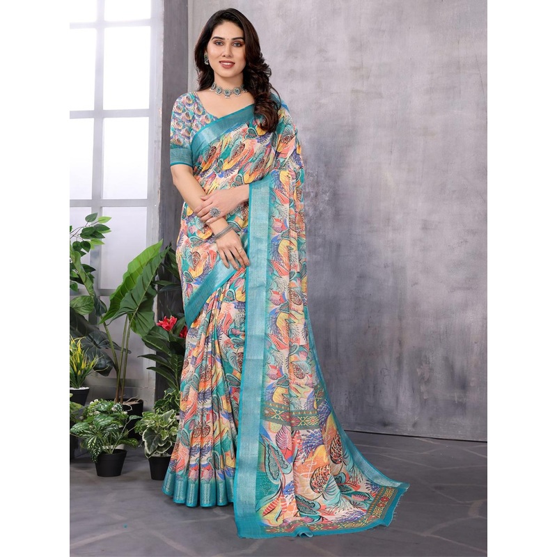 vj fashion Floral Printed Zari Silk Cotton Saree