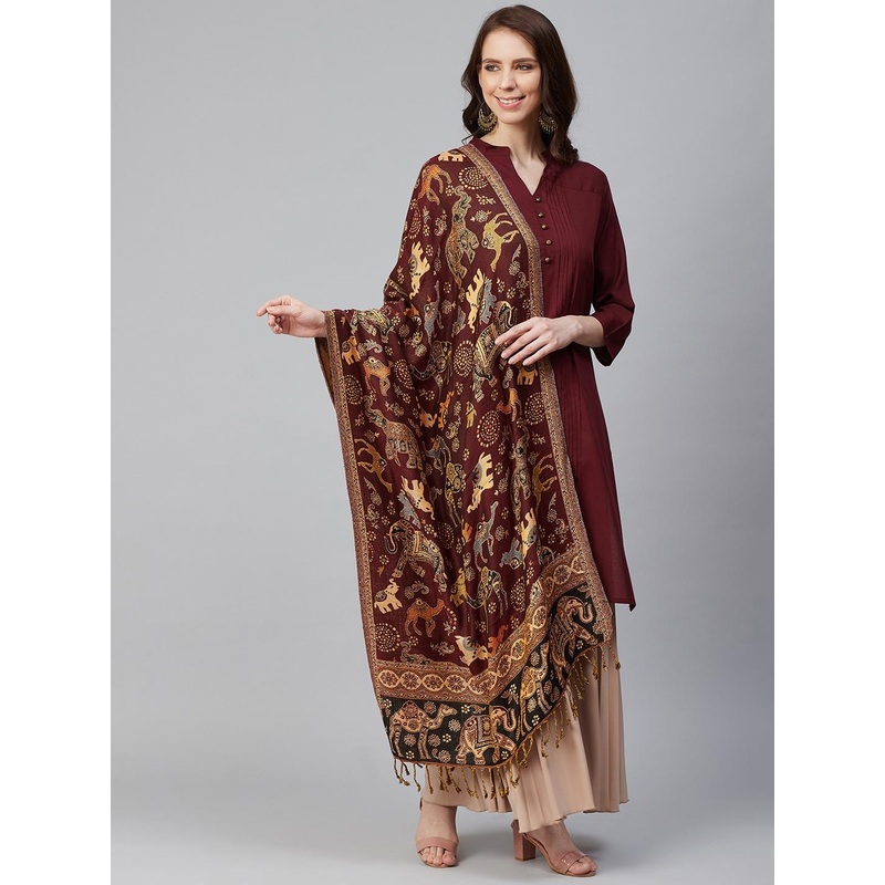 WEAVERS VILLA Women Burgundy & Beige Woven Design Stole