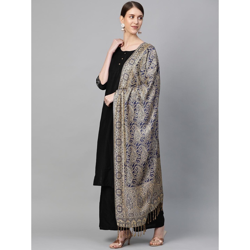 WEAVERS VILLA Women Navy Blue & Beige Paisley Woven Design Tasselled Stole