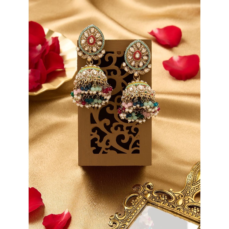 Zaveri Pearls Gold-Plated Pearls Beaded & Artificial Stones Studded Dome Shaped Jhumkas