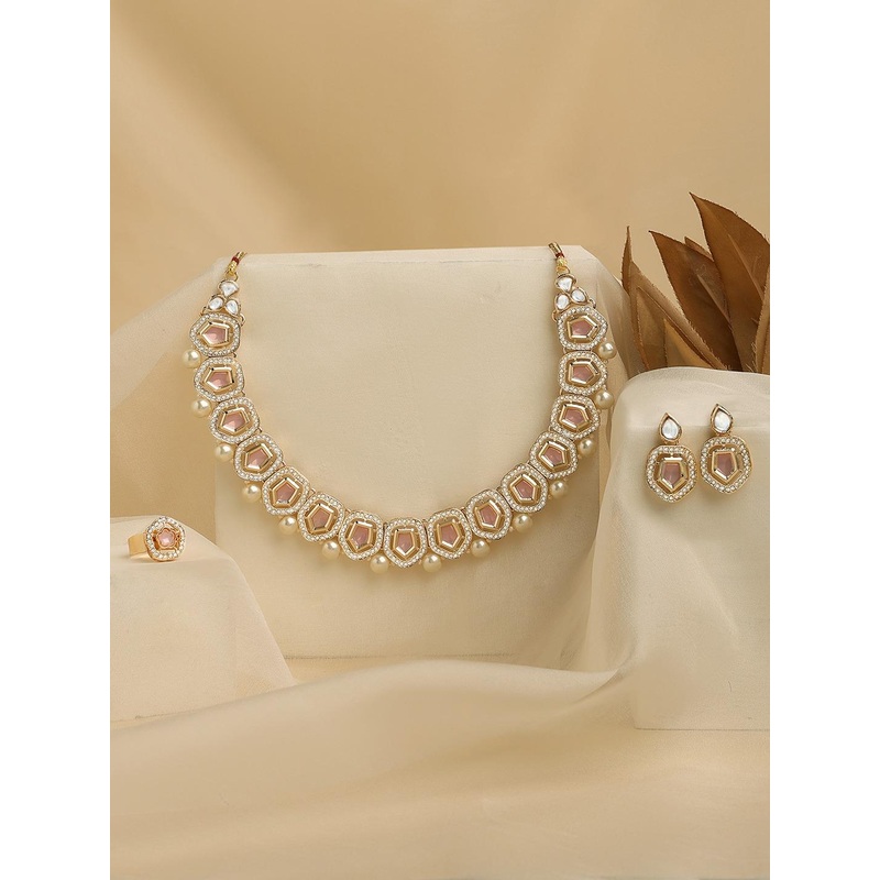 Zaveri Pearls Gold Plated Stones Studded & Beaded Necklace And Earrings With Finger Ring