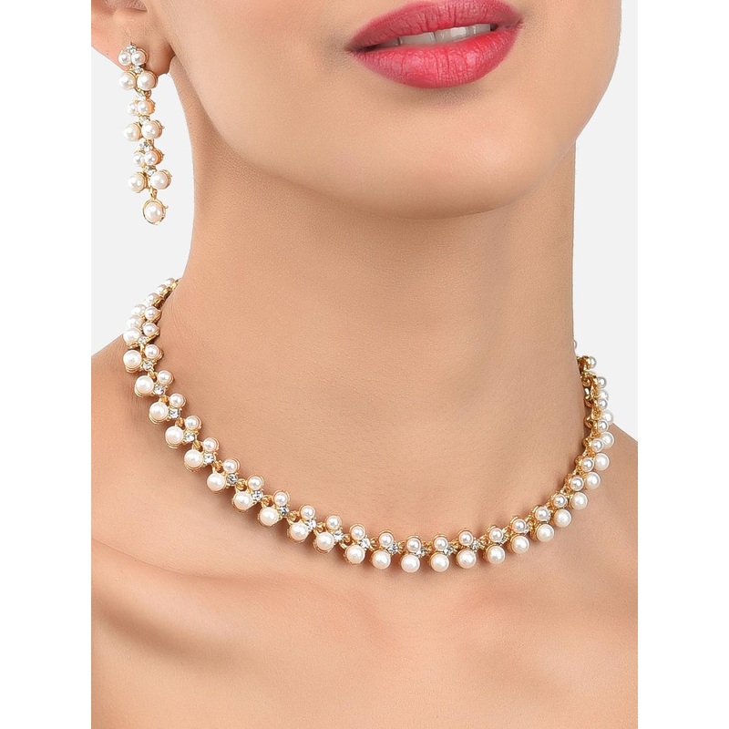 Zaveri Pearls Gold-Toned & White Contemporary Pearls Studded Jewellery Set