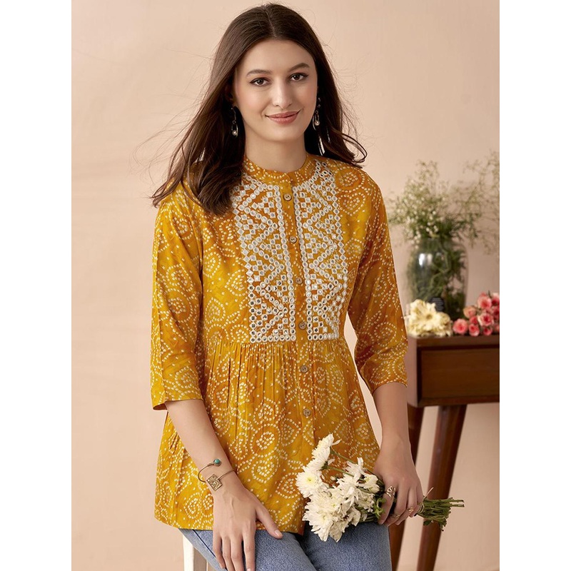 Anouk Bandhani Printed Thread Work A-Line Short Kurti