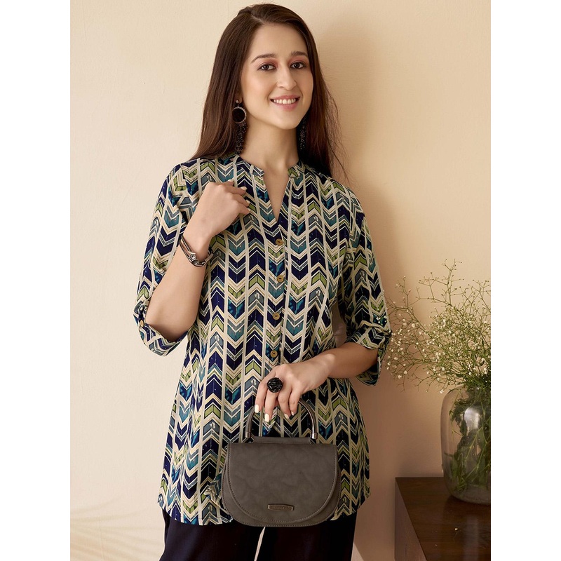 Anouk Blue Chevron Printed Mandarin Collar Pure Cotton A-Line Short Kurti