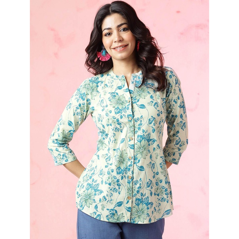 Anouk Blue Floral Printed Mandarin Collar Pure Cotton Top