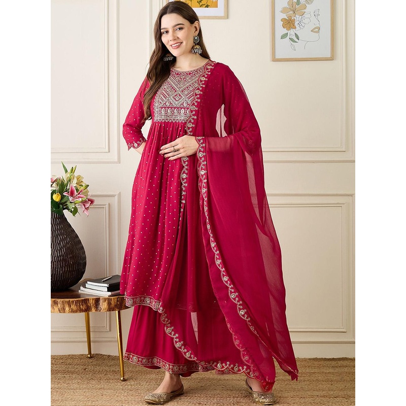 Anouk Ethnic Motifs Yoke & Border Zari Embroidered Empire Kurta with Trousers & Dupatta