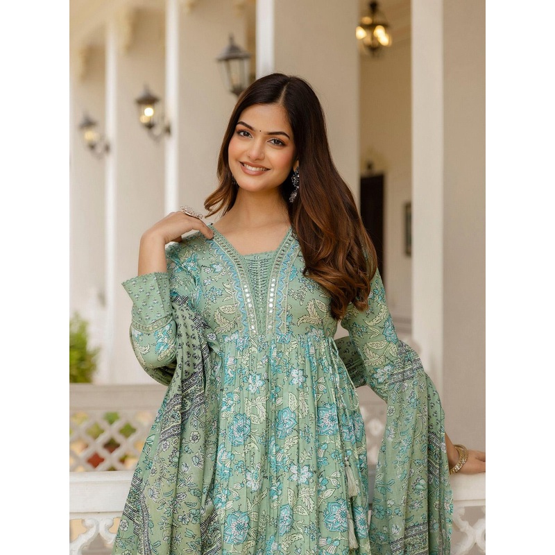 Anouk Floral Yoke Design Empire Mirror Work Pure Cotton Kurta with Trousers & Dupatta