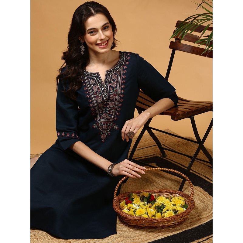 Anouk Floral Yoke Design Notch Neck Straight Kurta