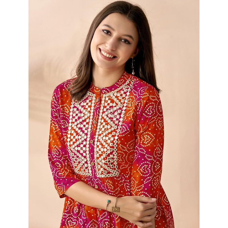 Anouk Fuchsia Bandhani Printed Band Collar Mirror Work Empire Anarkali Short Kurti