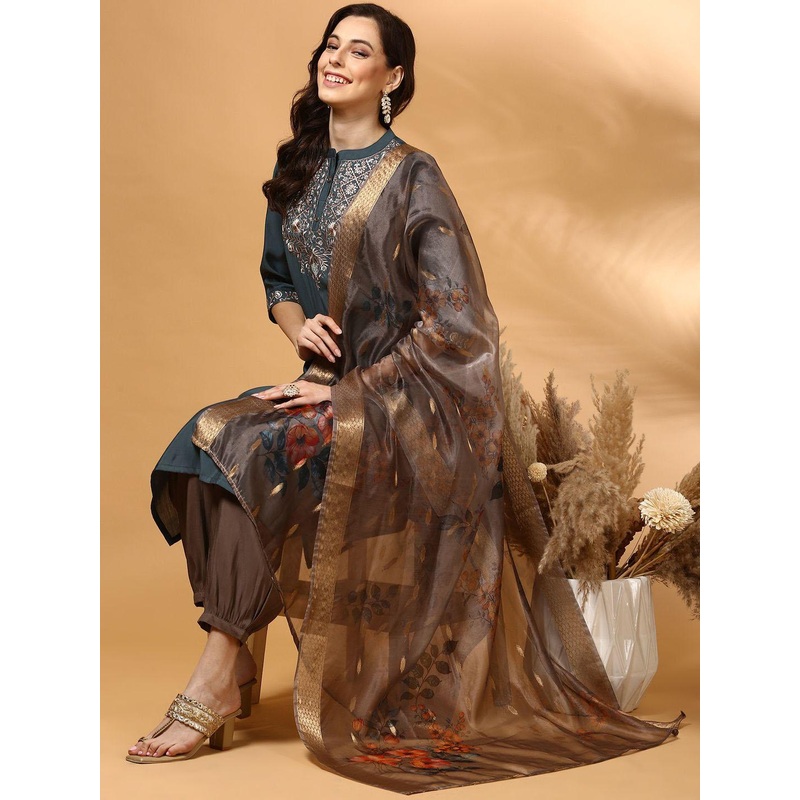 Anouk Yoke Design Embroidered Straight Thread Work Kurta With Dhoti Pants & Dupatta