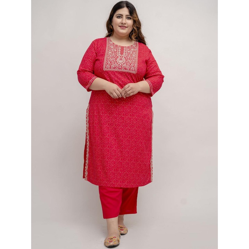 Fashion Zest Plus Size Bandhani Embroidered Thread Work Straight Kurta with Trouser