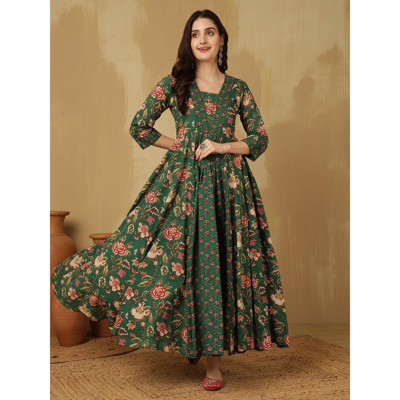 GLAM ROOTS Floral Printed V-Neck Cotton Anarkali Kurta
