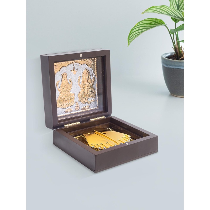 Golden Peacock Brown & Gold Toned 24 KT Gold Foil Laxmi Ganesh Pooja Box
