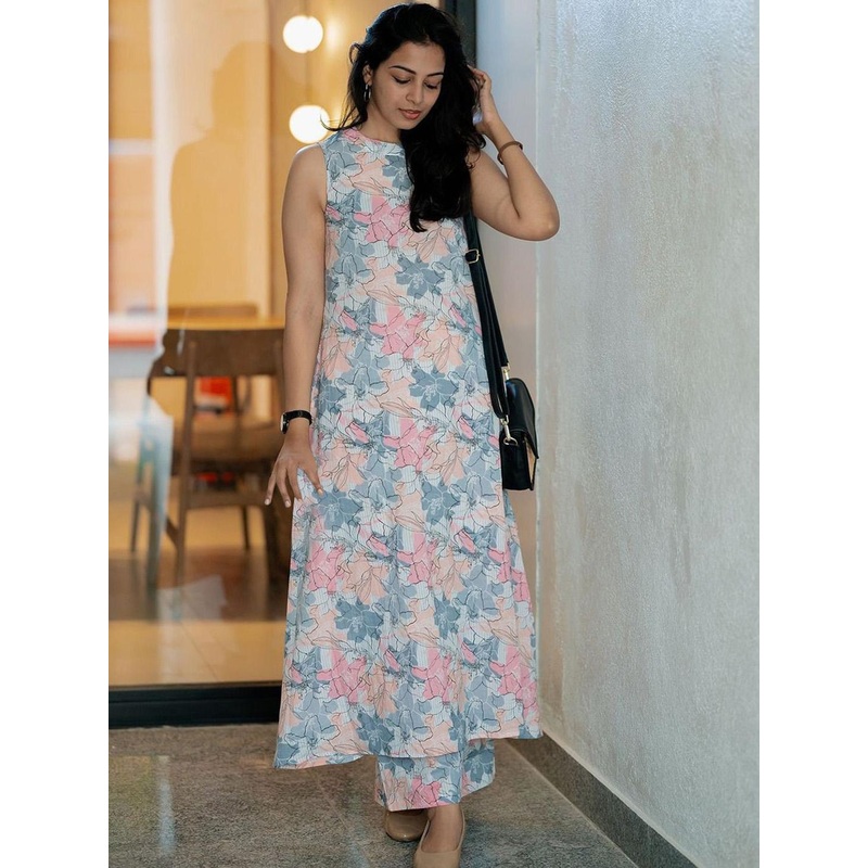 GoSriKi Floral Printed Round Neck Anarkali Kurta With Palazzos